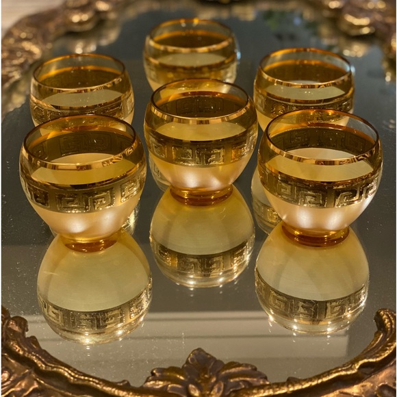 MCM Set of Six Frosted Amber With Gold Greek Key Accent Roly Poly Bar Glasses - Picture 2 of 6